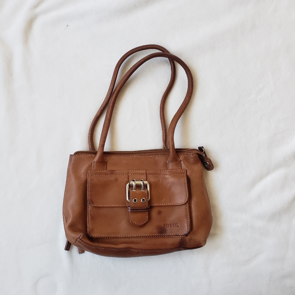 Fossil Leather Shoulder Bag Brown Front Pocket